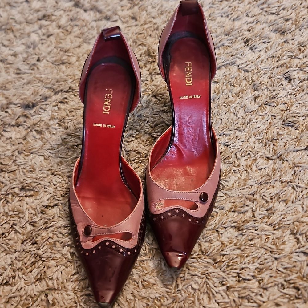 Fendi PROJECT Two-Tone Leather Heels – Burgundy & Blush Size 36.5 - Picture 2 of 7
